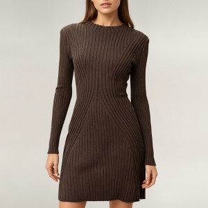 Anna-Kaci Women's Long Sleeve Ribbed Knit Mini Dress with Contoured Textured Paneling and Stretch Fit for a Flattering Silhouette - 1 of 4