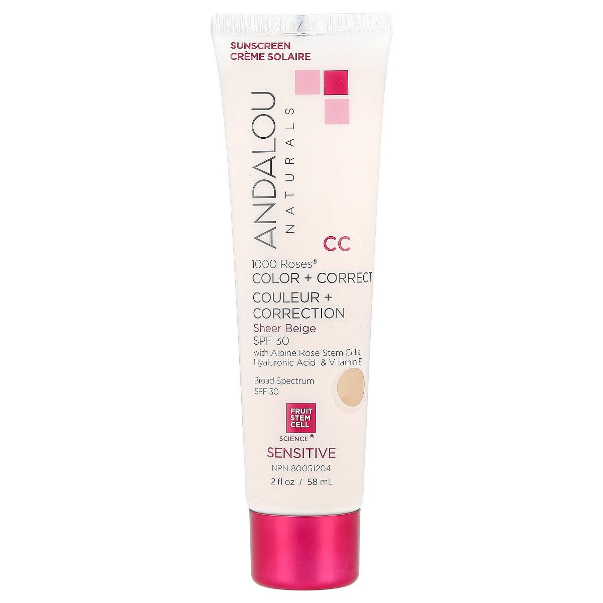 Andalou Naturals 1000 Roses®, Color + Correct, Sensitive, SPF 30, Sheer Beige, 2 fl oz (58 ml)