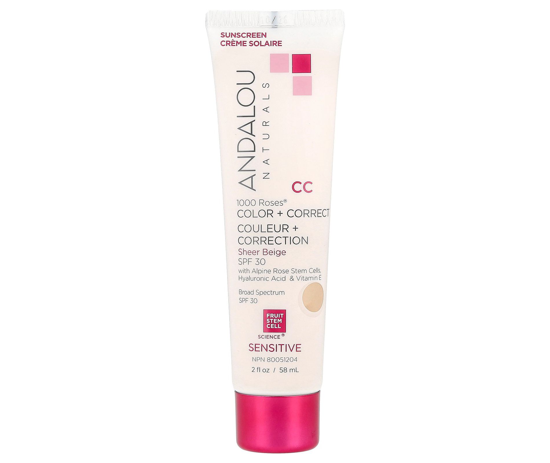 Andalou Naturals 1000 Roses®, Color + Correct, Sensitive, SPF 30, Sheer Beige, 2 fl oz (58 ml)