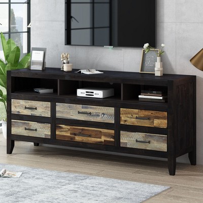 CAVINAS Distressed Wooden TV Stand Media Console Entertainment Center with 6 Drawers and 3 Shelves for Living Room