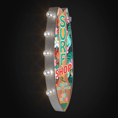Vintage Metal LED Surf Shop Sign with Tropical Print