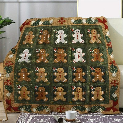 Vintage Christmas Gingerbread Man Flannel Throw Blanket, Cozy Soft Warm Digital Print Holiday Bedspread for Sofa, Bed, Car, Office Travel.