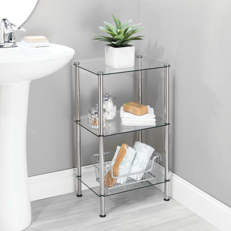 mDesign Metal/Glass 3-Tier Storage Tower w/ Glass Shelves, 2 Pack, Chrome/Clear, 5 of 10