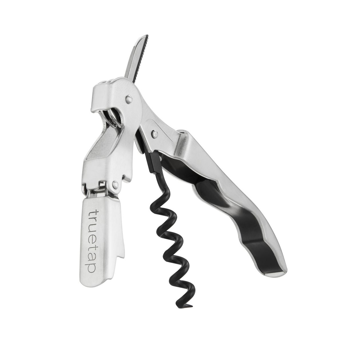 True Truetap Double Hinged Corkscrew Wine Opener, Stainless Steel Wine Key, Built-in Bottle Opener & Foil Cutter, Home Bar, Wedding Gifts, Silver