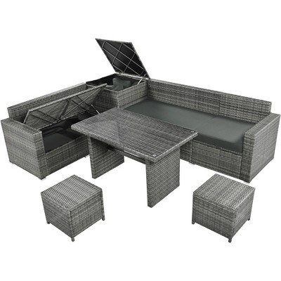 COWLOWN Beige 6-Piece Outdoor PE Rattan Patio Furniture Set with Adjustable Sofa, Storage Box, Tempered Glass Table & Removable Cushion Covers