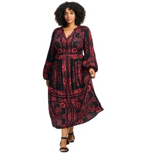 Avenue Women's Plus Size Eliana Scarf Placement Print Dress - 30/32, Crimson Reflection - 1 of 4