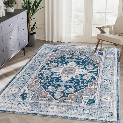 GlasFlength Rug Pads Vintage Bohemia Waterproof Extra Large Area Rugs Non-Slip Rug Pads Washable Rug for Room, Blue, 84"*60"*0.31"