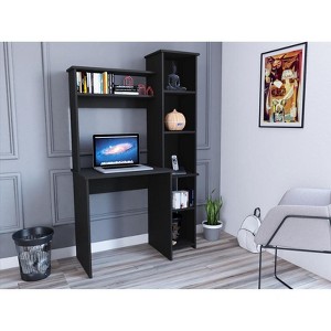Vynxaria Black Writing Desk Computer Desks 2 Upper Shelves 5 Cubbies Stylish Home Office Furniture with Storage Compact Design - 1 of 4