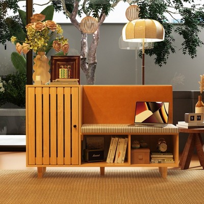 Famapy Brown Woodgrain Shoe Cabinet with Upholstered Backrest