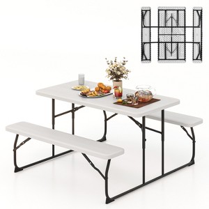 Gymax Folding Picnic Table and Bench Set w/ Wood Grain for Adults Indoor & Outdoor Steel Frame Collapsible Camping Table Black/White/Grey - 1 of 4