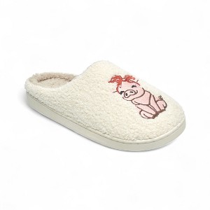 Aéropostale Women’s Fuzzy Pig Mule Slippers – Ivory Slip-On House Shoes with Cute Pink Pig & Red Bow Embroidery - 1 of 4
