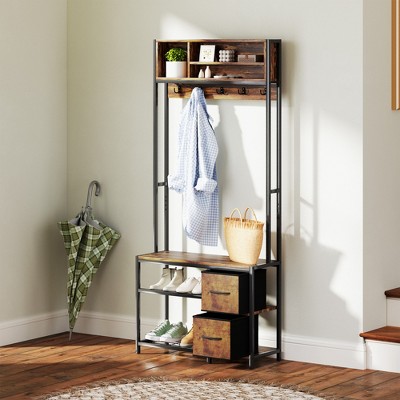 Distressed Dark Brown Hall Tree with Storage Bench and Fabric Drawers