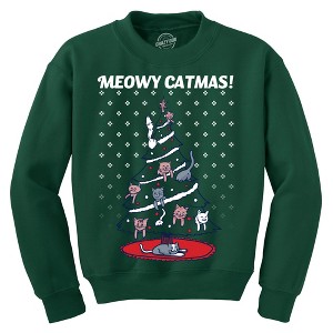 Meowy Catmas Funny Christmas Cat Shirt Novelty Holiday Sweatshirt Graphic Cool - Crazy Dog Crew Neck Sweatshirt - 1 of 4