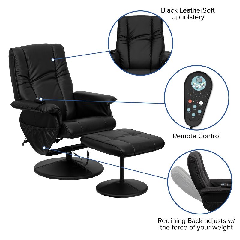 Emma and Oliver Massaging and Heat Controlled Recliner & Ottoman Set in Black LeatherSoft, 5 of 12