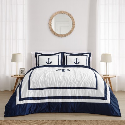 Navy and White Cotton Full Bedding Set with Anchor Design
