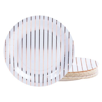 Juvale 48-Piece Rose Gold Striped Disposable Paper Plates 9 Inches Round Party Supplies