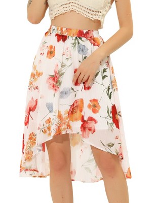 INSPIRE CHIC Women's High Low Hem Elastic Waist Lurex Chiffon A-Line Midi Floral Skirt