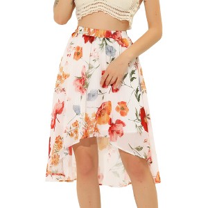 INSPIRE CHIC Women's High Low Hem Elastic Waist Lurex Chiffon A-Line Midi Floral Skirt - 1 of 4