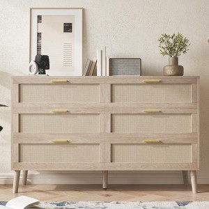 Dresser for Bedroom, Natural Rattan Chest with Gold Metal Handles, Farmhouse Style Storage Cabinet for Hallway - 1 of 4