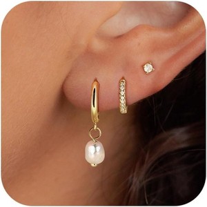 3-Pair Gold Huggie Hoop Earrings Set - CZ Stud, Dangle Pearl & Leaf Climber, Hypoallergenic Cartilage Everyday Jewelry - 1 of 4