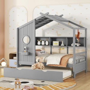 Twin/Full Size Wood House Platform Bed with Trundle and Storage Shelf for Kids, 4Q -ModernLuxe - 1 of 4