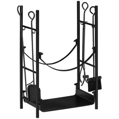 Syemin Firewood Racks and Carriers Firewood Rack with Fireplace Tools Indoor Outdoor Firewood Holder Flat Bottom 2 Tiers, Black, 17.5"*11.5"*28.75"