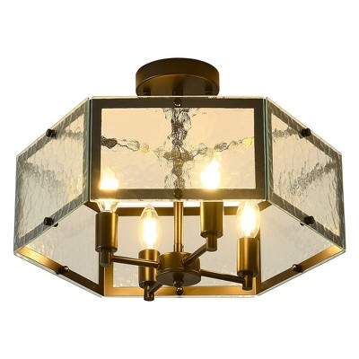 PAKOKULA Modern 17.72 in. 6-Light Black Glam Semi-Flush MountCeiling Light with Hammered Water Glass Shade