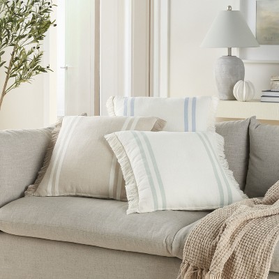 Sage Striped Cotton Linen 20" Square Throw Pillow