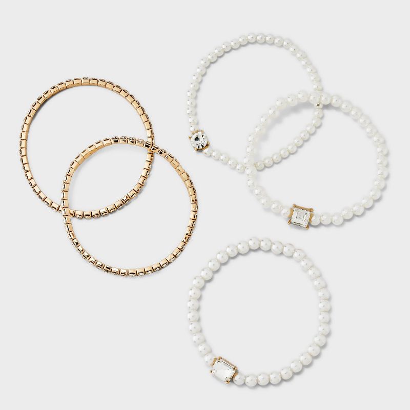 Pearl Cup Chain Plastic Multi-Strand Bracelet Set 5pc - A New Day&#8482; Gold/ Pearl, 4 of 6