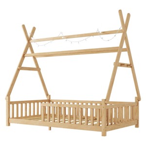 TopComfy Beds Twin Size House Bed Fence Roof Bed Frame for Kids Low Floor House Design with Safety Fence for Bedroom, Beige, 80.91"*15.55"*6.5" - 1 of 4