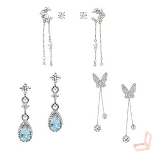 3-Pair Women's Linear Earrings Set, Silver-Tone Moon, Blue Stone & Butterfly Designs, Modern Style - 1 of 4