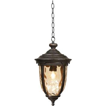 John Timberland Bellagio Rustic Outdoor Hanging Light Bronze 18" Champagne Hammered Glass Damp Rated for Post Exterior Barn Deck House Porch Patio