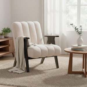 Homy Casa Modern Accent Chair with Channel Tufted Teddy Fabric and Wooden Frame, Beige - 1 of 4