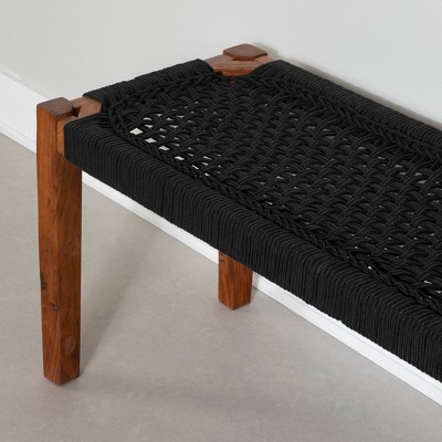 Black and Natural Wood Entryway Bench with Woven Seat