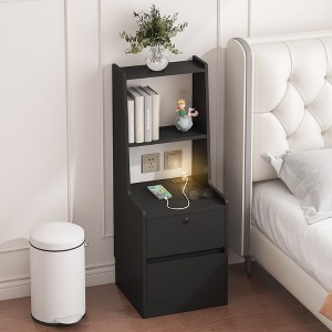 HDZNVF Modern Nightstand with Bookshelf, Bedside Tables with Storage Cabinet for Bedroom, Black - 1 of 4