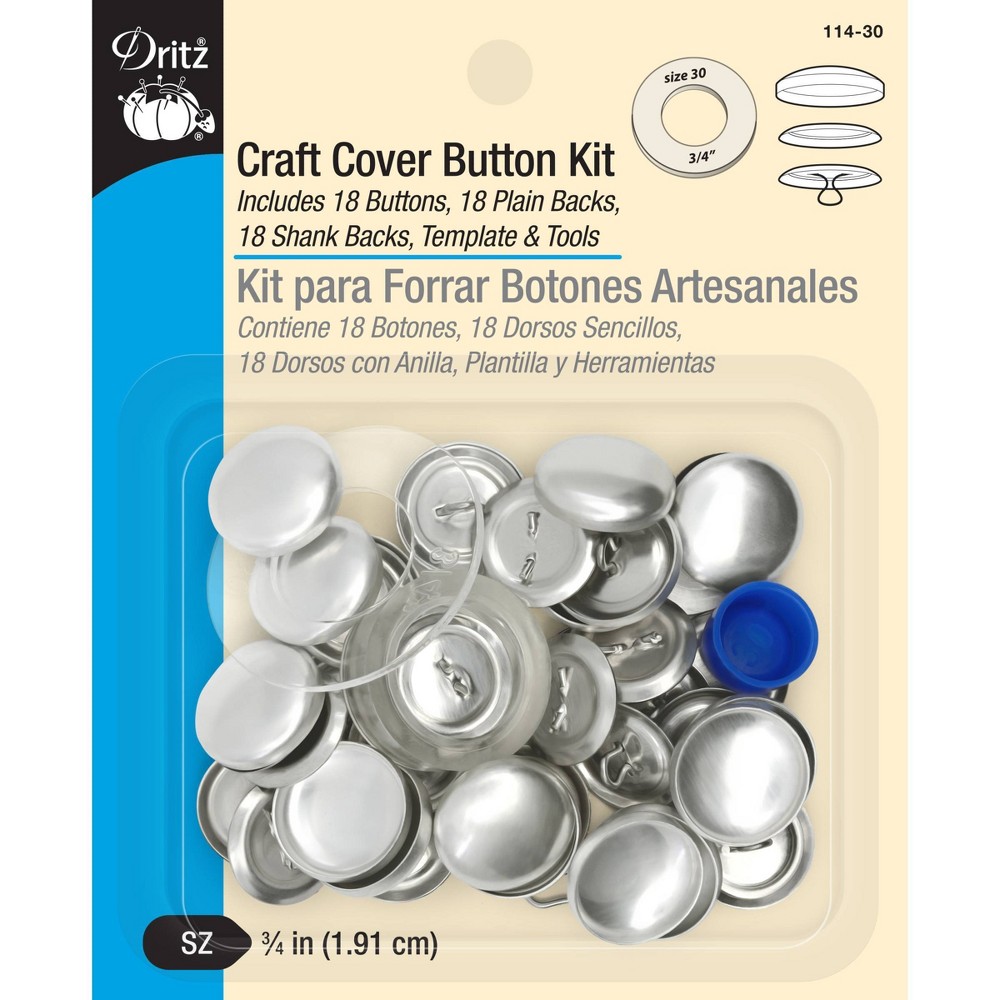 Dritz 3/4" Set of 18 Craft Cover Button Kit with Tools Nickel: Metal Sewing Fasteners, Silver Button Covers