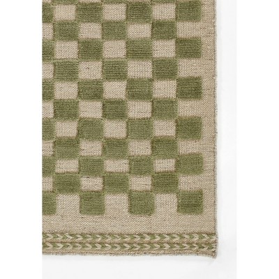 Green and Beige Checkered Handwoven Wool 9' x 12' Rug
