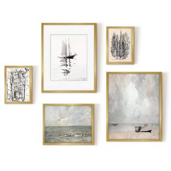 Americanflat Botanical Coastal 5 Piece Vintage Gallery Wall Art Set - The South Strand Emil Carlsen, Twomasted Schooner With Winslow By Maple + Oak