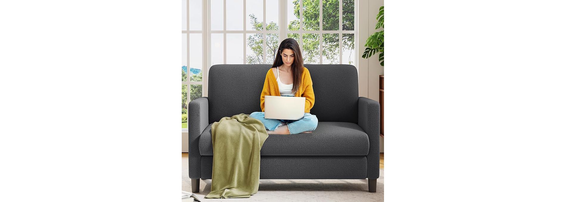 Two-Seater Loveseat Sofa 51 Inch, Soft Teddy Fabric and Solid Wood Frame, Compact Apartment Couch with Tool-Free Assembly for Small Spaces