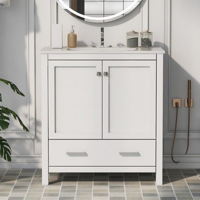 30 Inch Solid Wood Frame Bathroom Vanity with Single Sink, 2 Doors and a Drawer