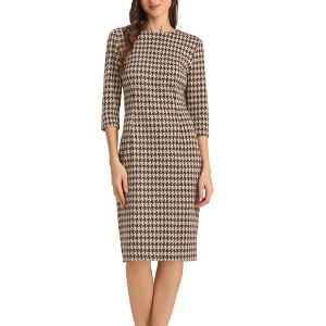 Allegra K Women's Houndstooth 3/4 Sleeve Elegant Cinched Waist Bodycon Dress - 1 of 4