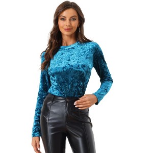 INSPIRE CHIC Women's Casual Vintage Velvet Crew Neck Long Sleeve T-shirts - 1 of 4