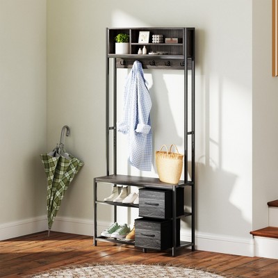 Weathered Gray Oak Hall Tree with Bench and Storage Drawers