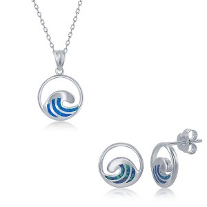 Opalata Sterling Silver Blue Inlay Opal Wave Design Earrings and 18" Pendant Necklace Set - 1 of 4
