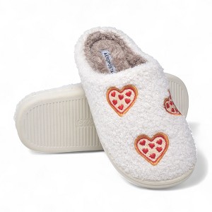 Aéropostale Women’s Fuzzy Pizza-Heart Mule Slippers – Ivory Slip-On House Shoes with Pepperoni Heart Embroidery & Non-Slip Outsole - 1 of 4