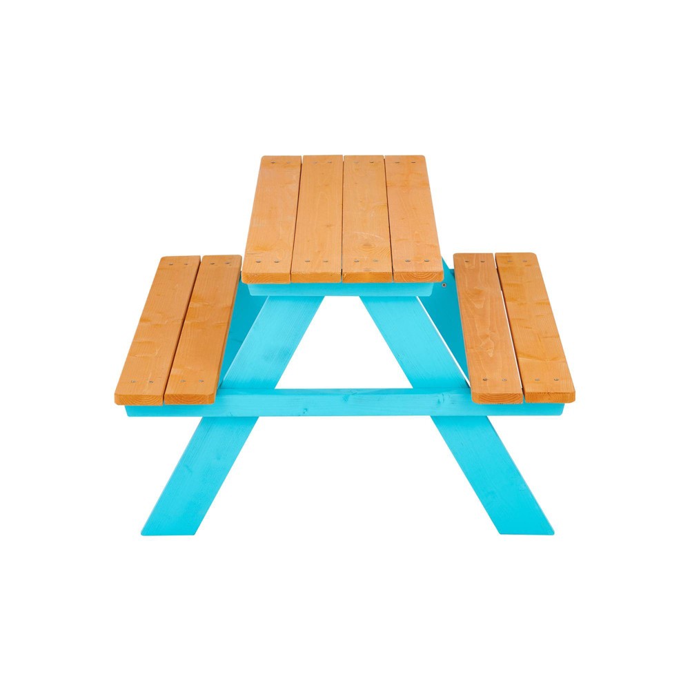 Teamson Kids Outdoor Picnic Table Set with Bench, Natural/Blue