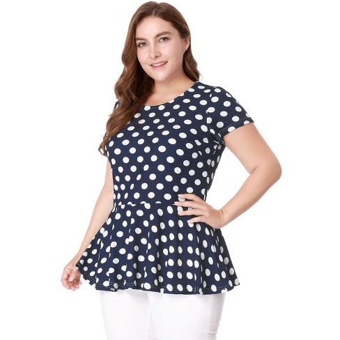 Agnes Orinda Women's Plus Size Polka Dots Fashion Workout Elegant Short  Sleeves Peplum Top Blue 1X