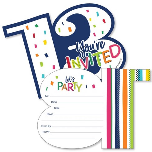 Big Dot of Happiness 13th Birthday - Cheerful Happy Birthday - Shaped Fill-In Invites - Thirteenth Birthday Invites Cards with Envelopes - Set of 12 - image 1 of 4