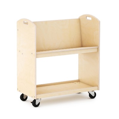 Natural Wooden Rolling Book Storage Cart with Two Shelves