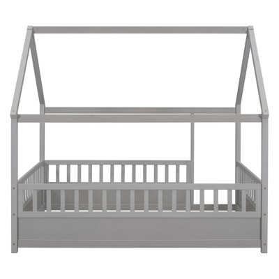 AZL1 Life Concept Beds Full Size Wooden House Frame Floor Bed with Secure Fencing, Playful and Safe Sleep Space for Kids, Grey, 79.53"*59.96"*73.86"